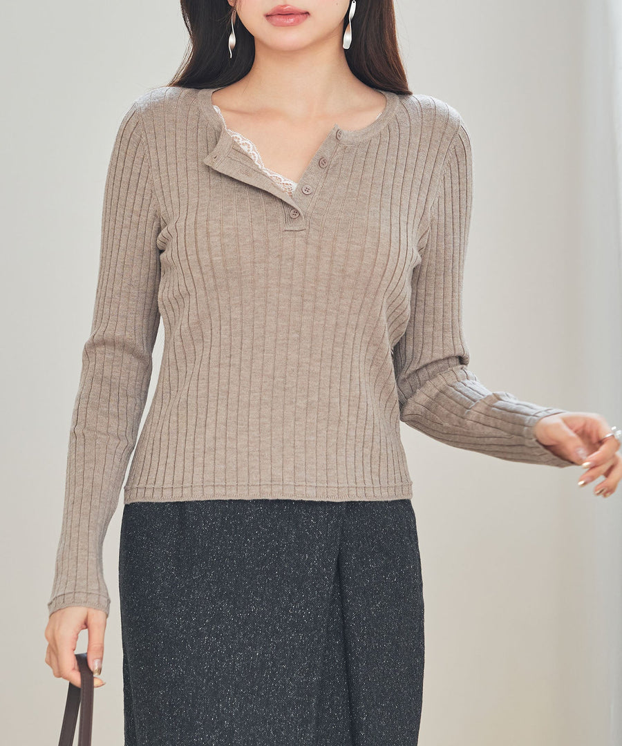 Lace-Insert Henley Rib-Knit Top OEM ODM reference 1