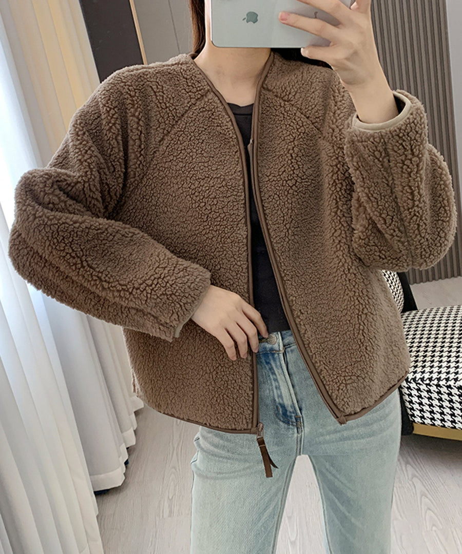 Collarless Raglan Teddy-Fleece Jacket OEM ODM reference 1