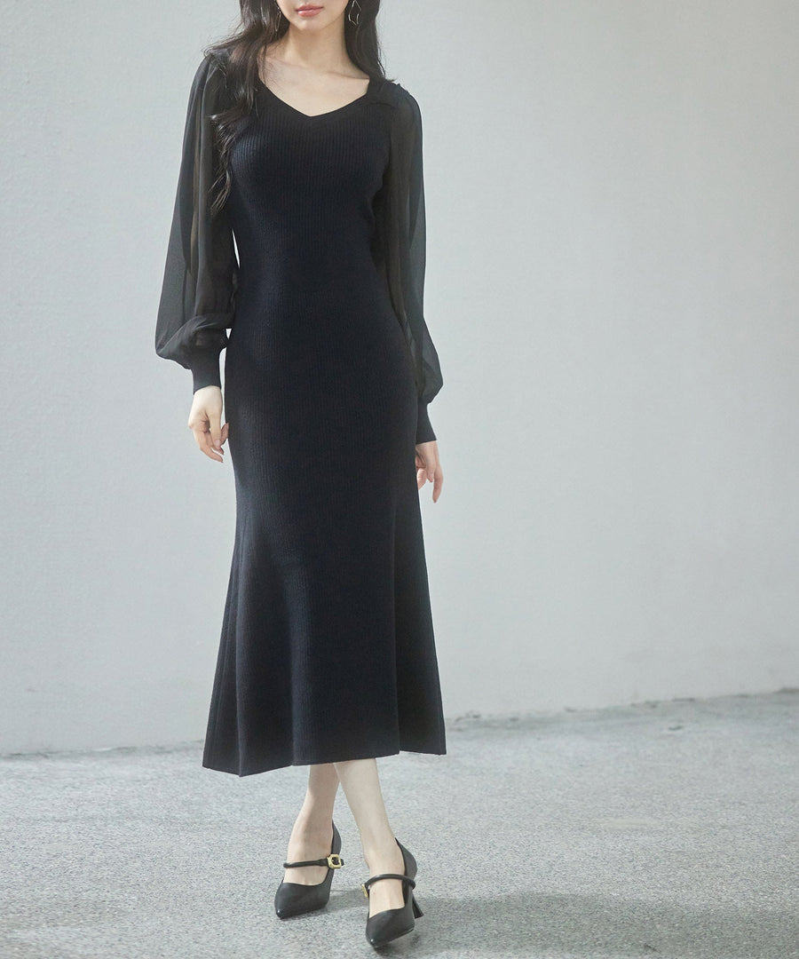 Sheer-Sleeve Mixed-Material Midi Dress OEM ODM reference 1