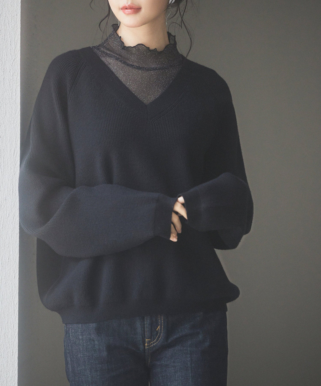 Deep V-Neck Ribbed Knit Pullover OEM ODM reference 14 - additional view 14