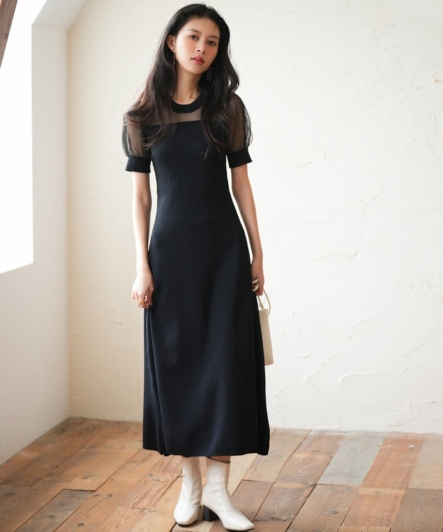 Tulle-Panel Mixed-Material Knit Dress OEM ODM reference 1