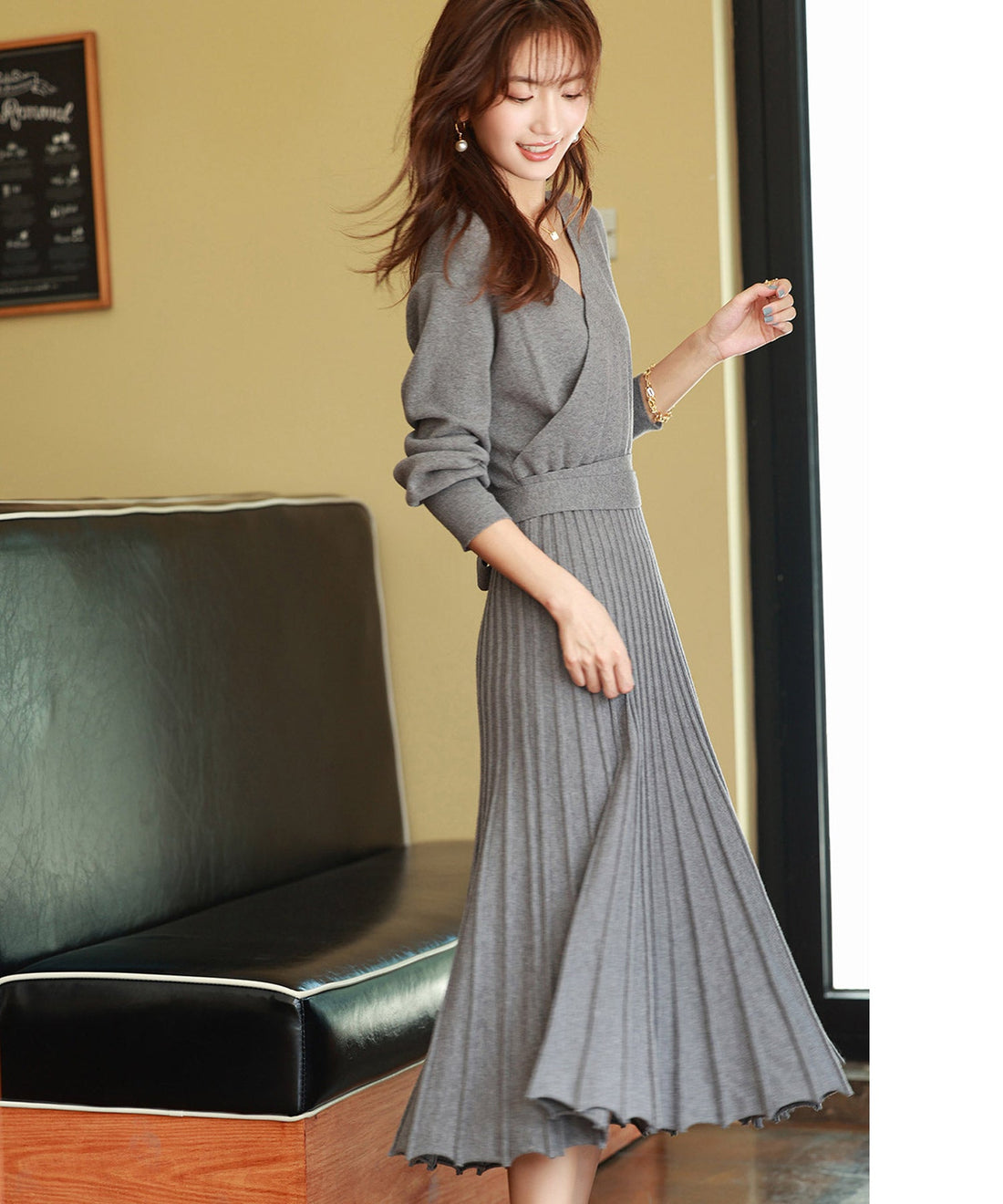 Mutton-Sleeve Wrap-Front Knit Dress OEM ODM reference 13 - additional view 13